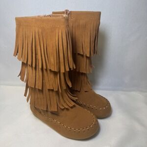 Link Tan Suede Fringed Moccasin Boots Side Zip Boho Chick Little Girls Size 7